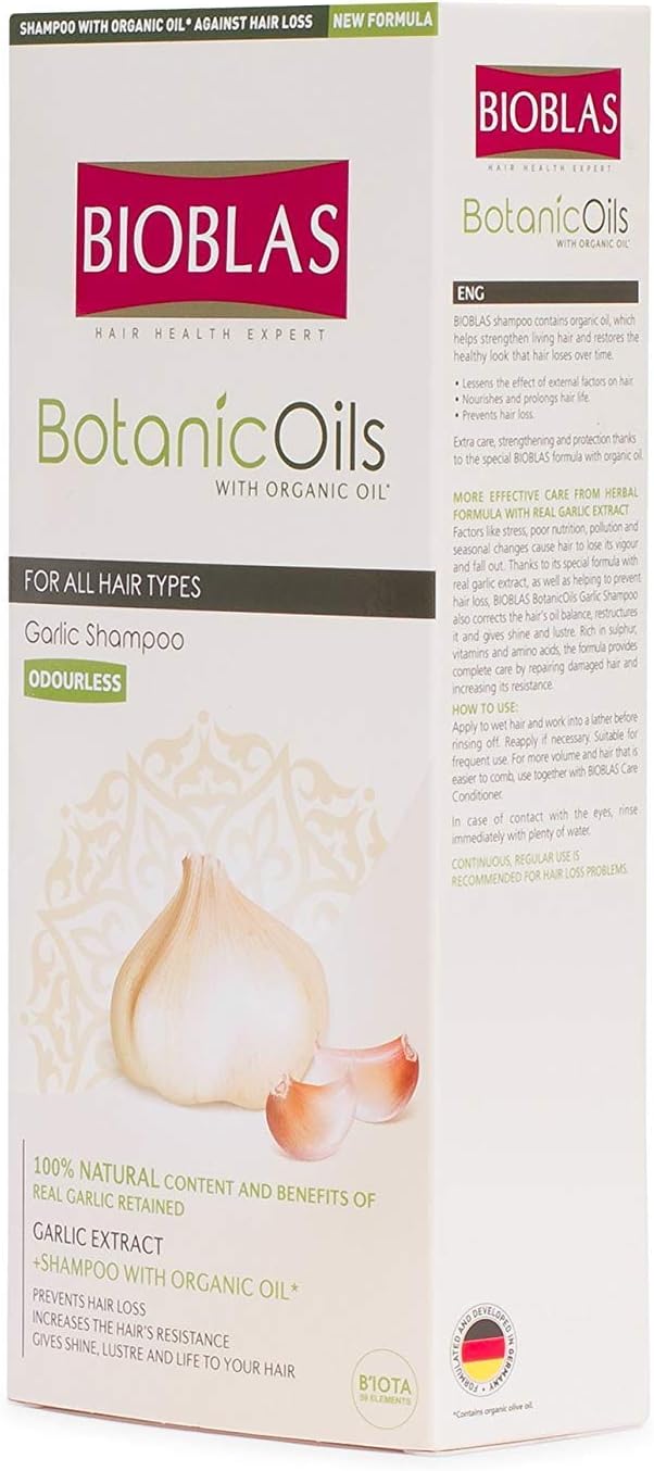 Garlic Shampoo - 360 ml, Odourless, Dermatologically Tested, Anti-Hair Loss Shampoo with Organic Oil | Bioblas Botanic Oils