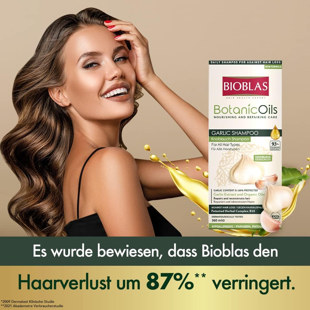 Garlic Shampoo - 360 ml, Odourless, Dermatologically Tested, Anti-Hair Loss Shampoo with Organic Oil | Bioblas Botanic Oils